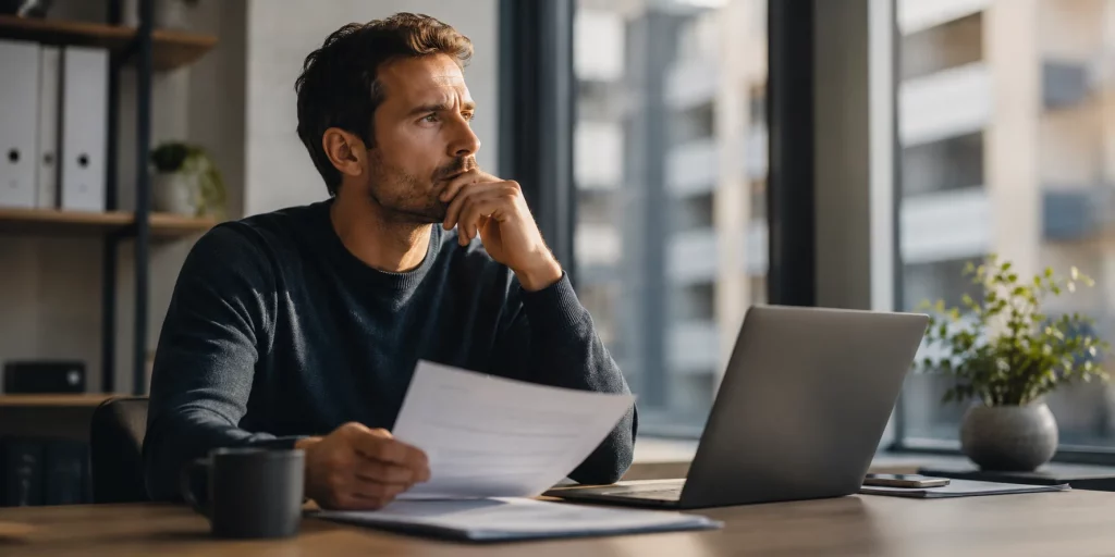 Ein Mann sitzt nachdenklich mit Vertragsunterlagen und Laptop an einem Schreibtisch in einem modernen Büro. Das Bild veranschaulicht das Thema Kredit mit befristetem Arbeitsvertrag und die Prüfung der Finanzierung durch Banken.