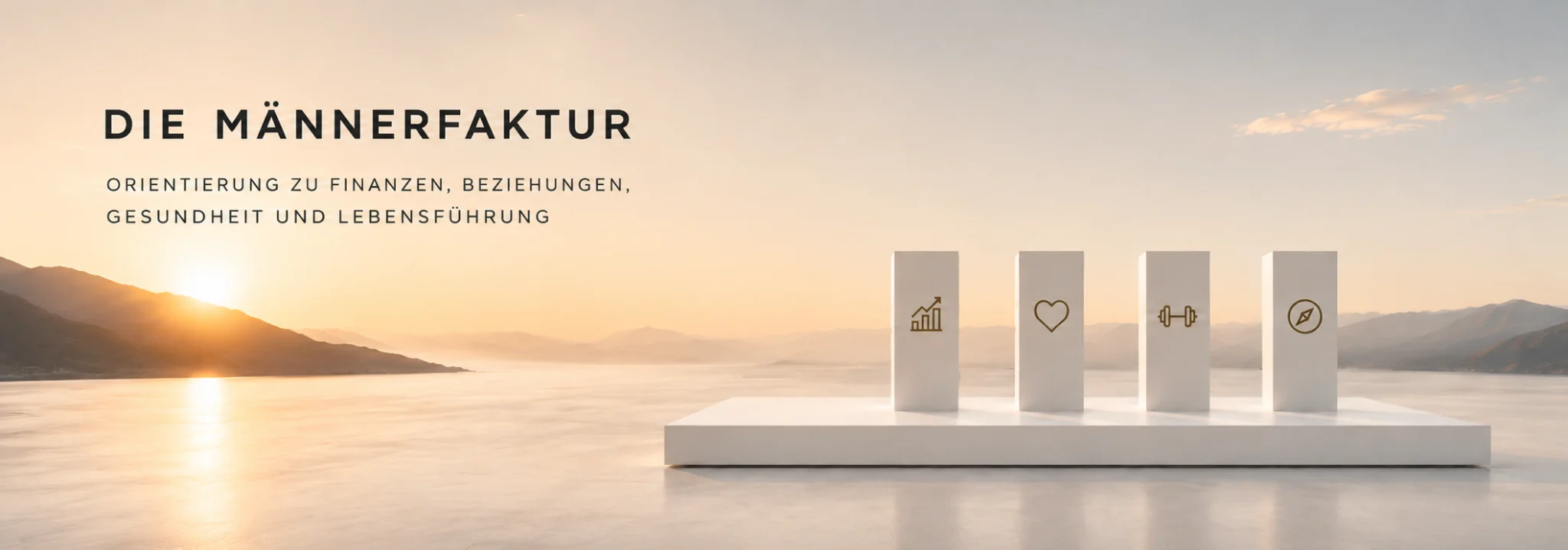 Minimalistische Landschaft bei Sonnenaufgang mit vier symbolischen Säulen für Finanzen, Beziehungen, Gesundheit und Lebensführung sowie dem Markenlogo als Orientierung für Männer.