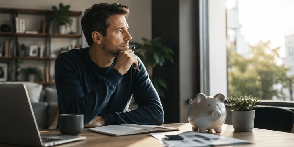 Ein Mann sitzt nachdenklich an einem Schreibtisch neben einem Sparschwein und blickt aus dem Fenster. Die ruhige Szene steht für die bewusste Abwägung, wann ein Dispositionskredit kurzfristig sinnvoll ist und wann finanzielle Risiken entstehen.