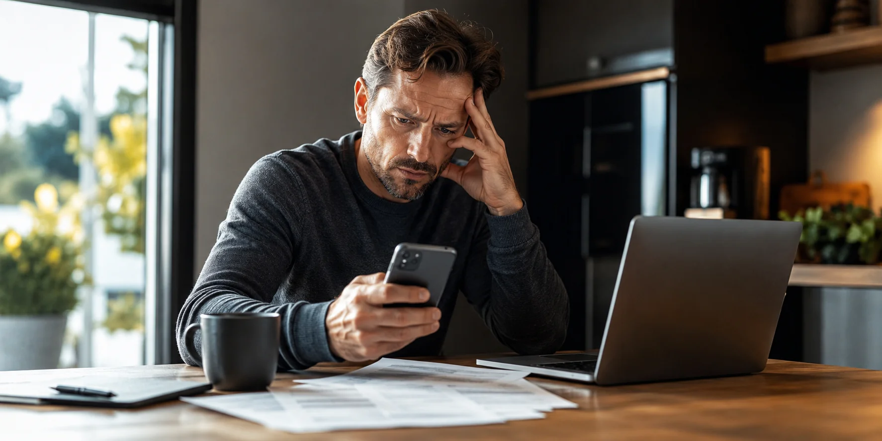 Ein Mann sitzt nachdenklich an einem Küchentisch und blickt auf sein Smartphone, während Rechnungen und ein Laptop vor ihm liegen – symbolisches Motiv für den Dispositionskredit zwischen kurzfristiger finanzieller Hilfe und Überschuldungsrisiko.