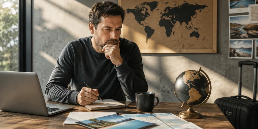 Ein Mann plant nachdenklich seine Reise an einem Schreibtisch mit Laptop, Weltkarte und Reiseunterlagen. Das Motiv veranschaulicht die Entscheidung, ob ein Kredit für den Urlaub eine sinnvolle Finanzierung oder ein vermeidbares finanzielles Risiko ist.
