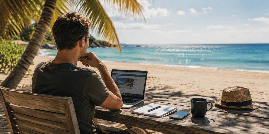 Ein Mann sitzt an einem ruhigen Strand vor einem Laptop und blickt auf das Meer. Das Motiv symbolisiert die Abwägung, ob ein Kredit für den Urlaub eine sinnvolle Finanzierung oder eine langfristige finanzielle Belastung ist.