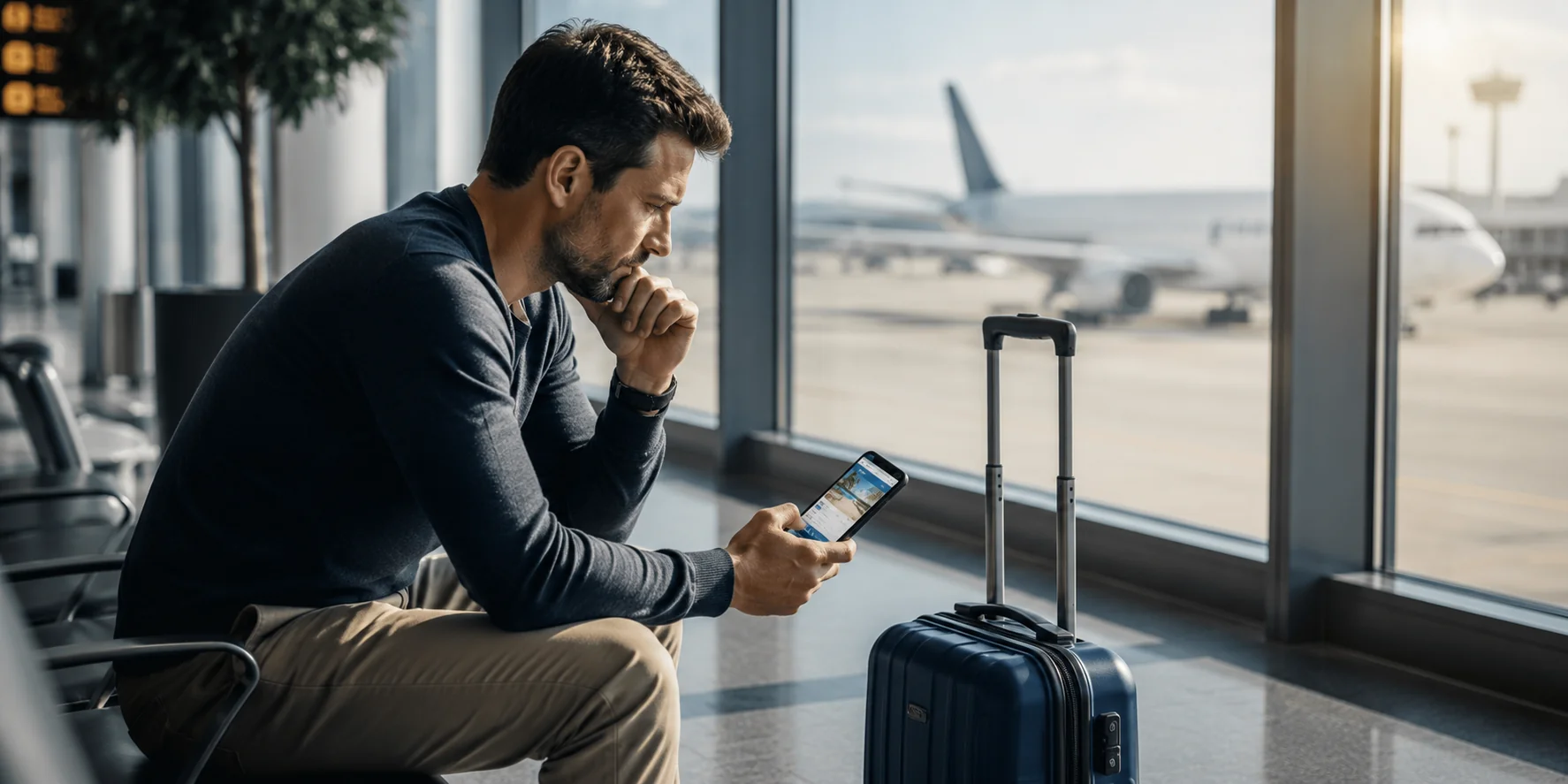 Ein Mann sitzt mit einem Koffer im Wartebereich eines Flughafens und prüft nachdenklich Reiseangebote auf seinem Smartphone. Das Bild steht für die Entscheidung, ob ein Kredit für den Urlaub finanziell sinnvoll oder besser zu vermeiden ist.