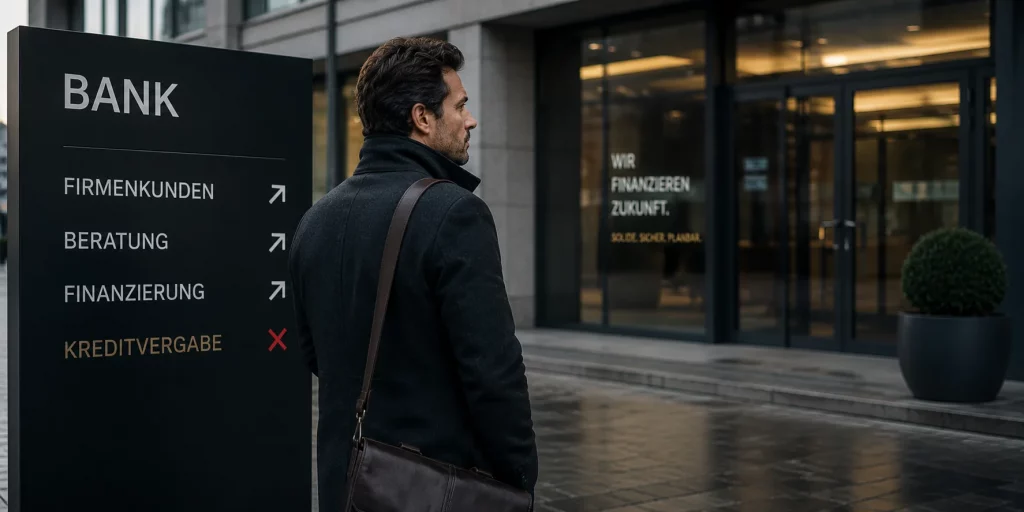 Kredit für Selbstständige: Warum die Finanzierung oft schwieriger ist als gedacht. Ein selbstständiger Unternehmer steht vor einer modernen Bank und blickt nachdenklich auf den Eingang. Die reduzierte Szene symbolisiert die Hürden, denen Selbstständige bei der Kreditvergabe häufig begegnen. 