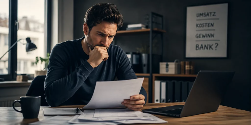 Kredit für Selbstständige: Warum die Finanzierung oft schwieriger ist als gedacht. Ein selbstständiger Mann prüft nachdenklich Finanzunterlagen an seinem Schreibtisch. Die ruhige Homeoffice-Szene vermittelt die Herausforderungen bei der Kreditbewilligung für Unternehmer und Freiberufler.