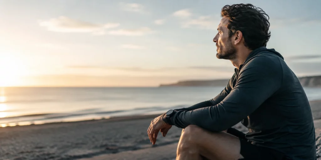 Warum macht Laufen den Kopf frei? Ein Mann sitzt nach einem Lauf am ruhigen Strand und blickt auf das Meer. Die reduzierte Szene im warmen Abendlicht steht für mentale Klarheit, Erholung und die positive Wirkung von Bewegung auf Gedanken und Entscheidungen. 
