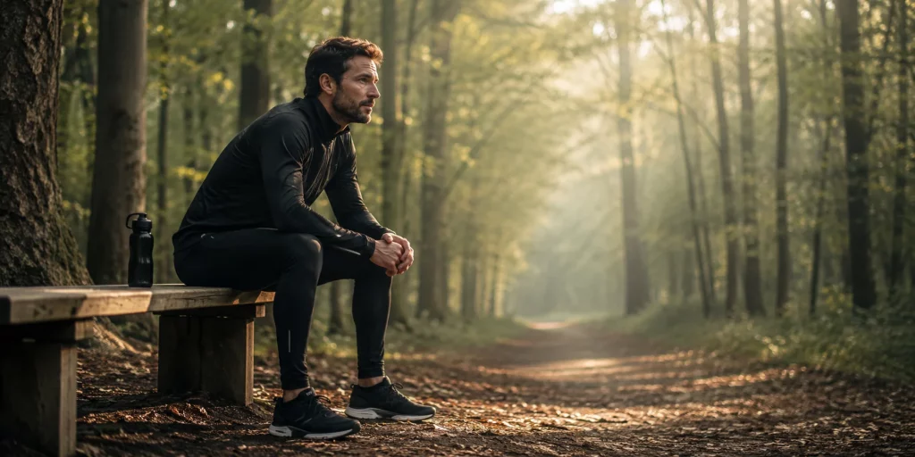 Warum macht Laufen den Kopf frei? Ein Läufer sitzt nach dem Training auf einer Bank im ruhigen Wald und blickt nachdenklich auf den Weg vor sich. Die Szene vermittelt mentale Klarheit, Erholung und die positive Wirkung von Bewegung auf Gedanken und Entscheidungen. 