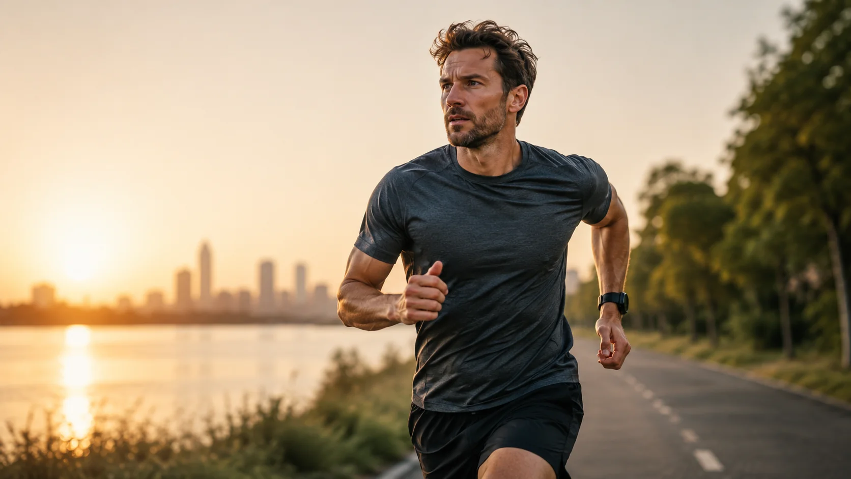 Lauftechnik verbessern: Ein Mann läuft mit konzentrierter Haltung auf einer Uferpromenade im warmen Morgenlicht und zeigt eine effiziente Lauftechnik für mehr Tempo und weniger Belastung.