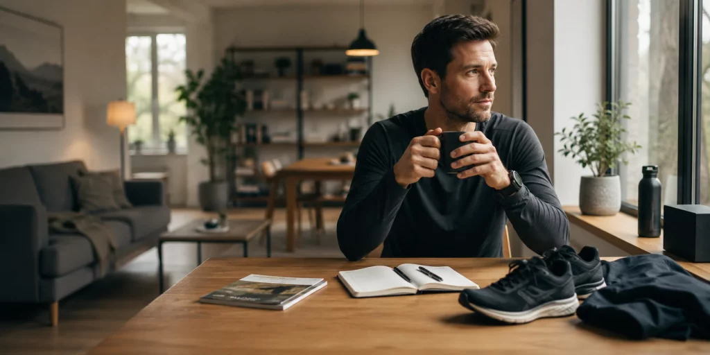Ein Mann bereitet sich zu Hause auf sein Lauftraining vor und sitzt mit Laufschuhen, Trainingskleidung und Notizbuch an einem Tisch, bevor er seine nächste Laufeinheit startet.