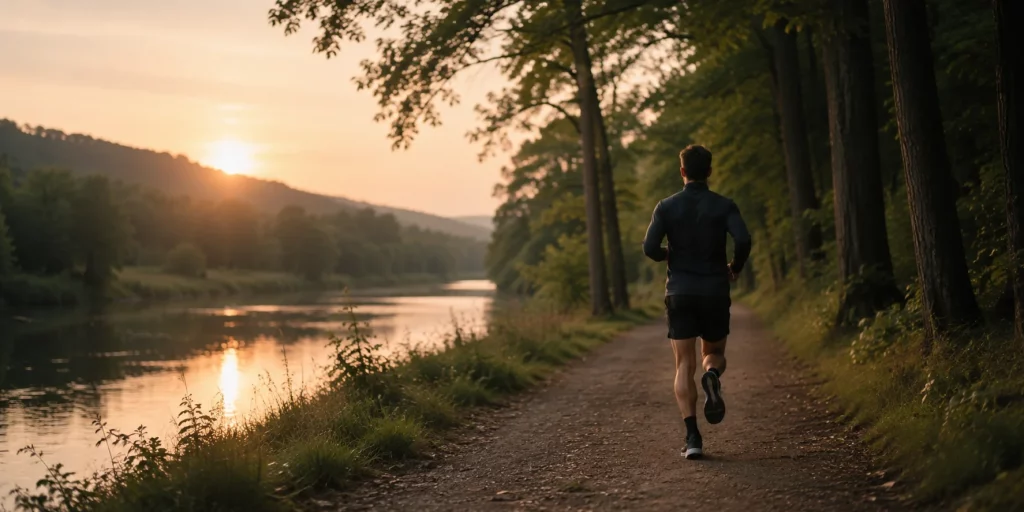 Ein Mann läuft bei Sonnenuntergang auf einem ruhigen Waldweg entlang eines Flusses und zeigt konzentriertes Ausdauertraining mit natürlicher Laufbewegung.