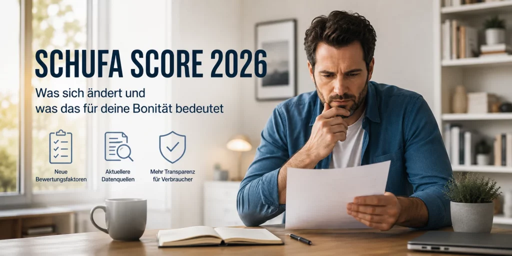 Neuer SCHUFA Score 2026: Ein Mann prüft aufmerksam Unterlagen in seinem Homeoffice und informiert sich über die Änderungen des neuen SCHUFA Scores sowie deren Auswirkungen auf seine Bonität.