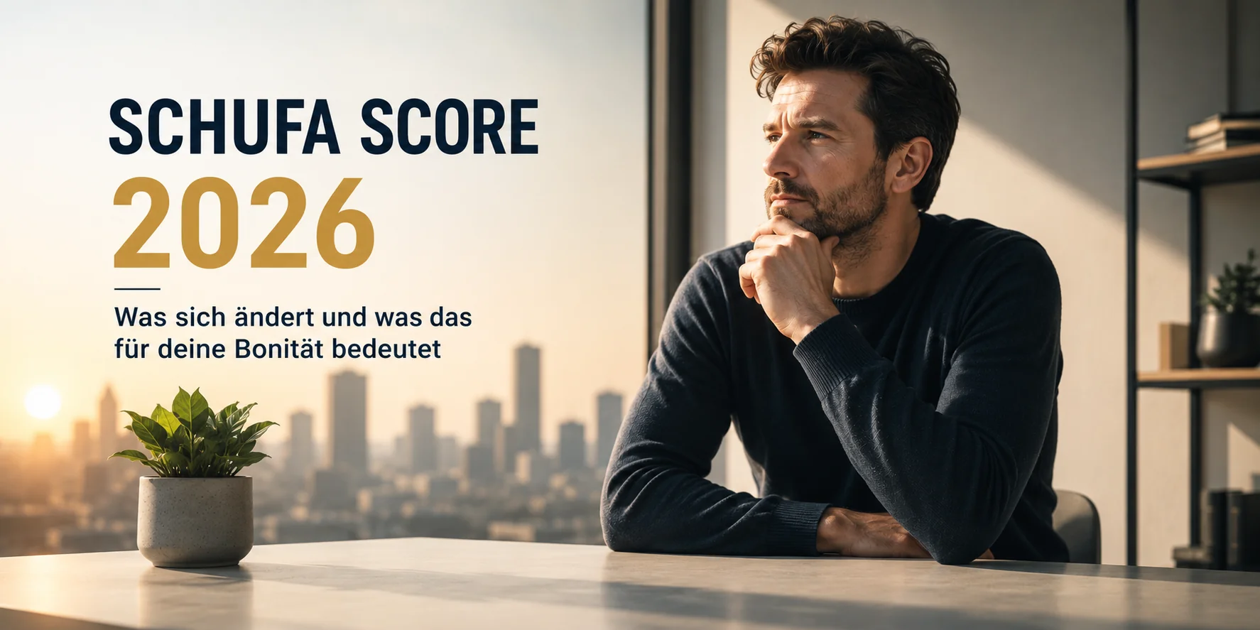 Neuer SCHUFA Score 2026: Ein nachdenklicher Mann sitzt in einem modernen Büro vor einer Stadtkulisse und informiert sich über die Änderungen des SCHUFA Scores und deren Auswirkungen auf die Bonität.