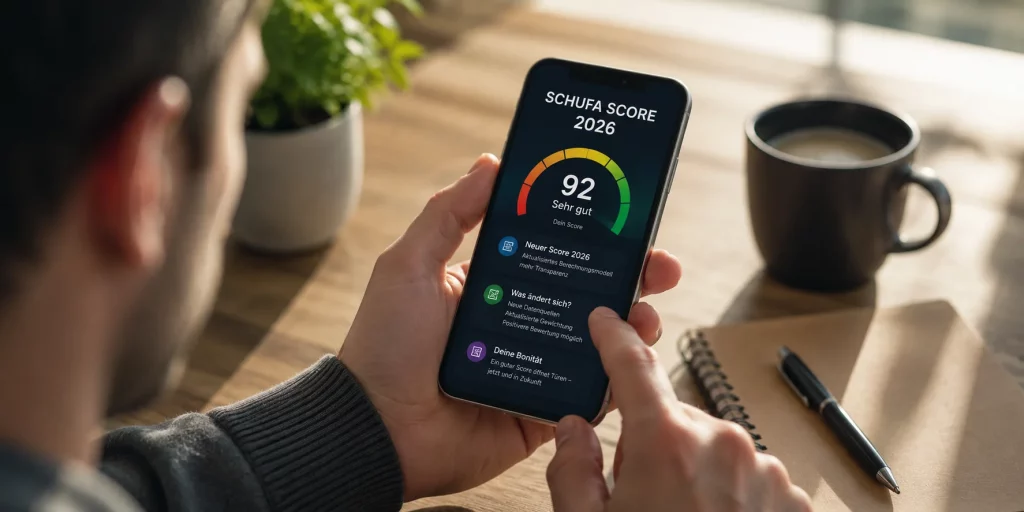 Neuer SCHUFA Score 2026: Eine Person prüft auf ihrem Smartphone Informationen zum neuen SCHUFA Score und den Auswirkungen der Änderungen auf die eigene Bonität.