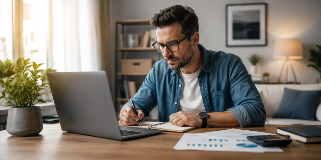 Vermögensaufbau & Sparstrategien: Ein Mann arbeitet konzentriert an seinem Schreibtisch mit Laptop, Notizbuch und Finanzunterlagen und plant den langfristigen Aufbau seines Vermögens.