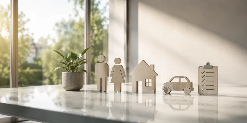 Versicherungen für Männer: Holzfiguren von Familie, Haus, Auto und Checkliste stehen auf einem hellen Tisch vor einem Fenster und symbolisieren die wichtigsten Versicherungen für den privaten Schutz.