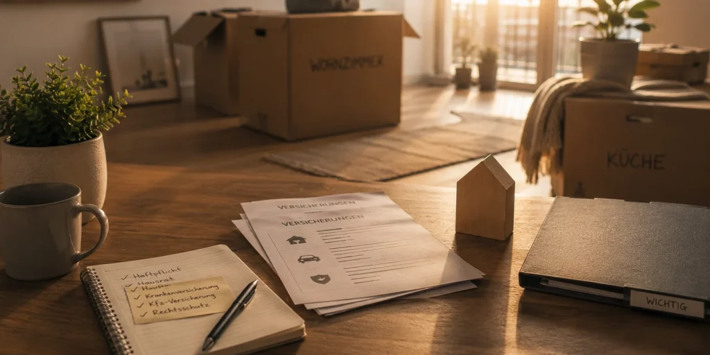 Müssen Versicherungen beim Zusammenziehen sofort geändert werden? Umzugskartons, Versicherungsunterlagen und eine Checkliste liegen auf einem Holztisch in einer hellen Wohnung. Die minimalistische Szene symbolisiert die organisatorischen Schritte rund um den Versicherungsschutz beim Einzug in den gemeinsamen Haushalt.