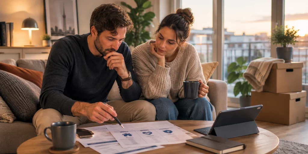 Versicherungen beim Zusammenziehen: Was ihr jetzt wirklich prüfen solltet. Ein Paar sitzt in der neuen gemeinsamen Wohnung auf dem Sofa und prüft Versicherungsunterlagen sowie digitale Informationen. Die ruhige, hochwertige Szene steht für die gemeinsame Planung des passenden Versicherungsschutzes nach dem Zusammenziehen