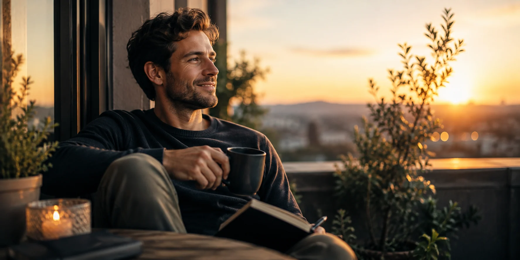 Mann sitzt entspannt auf einem Balkon und blickt nachdenklich in den Sonnenuntergang – Erwartungen an eine Beziehung und bewusste Partnersuche.
