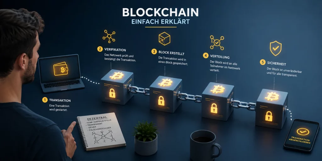 „Blockchain einfach erklärt: Visualisierung einer dezentralen Blockchain mit verknüpften Datenblöcken, Laptop und Smartphone, die den Ablauf sicherer digitaler Transaktionen Schritt für Schritt veranschaulicht.“