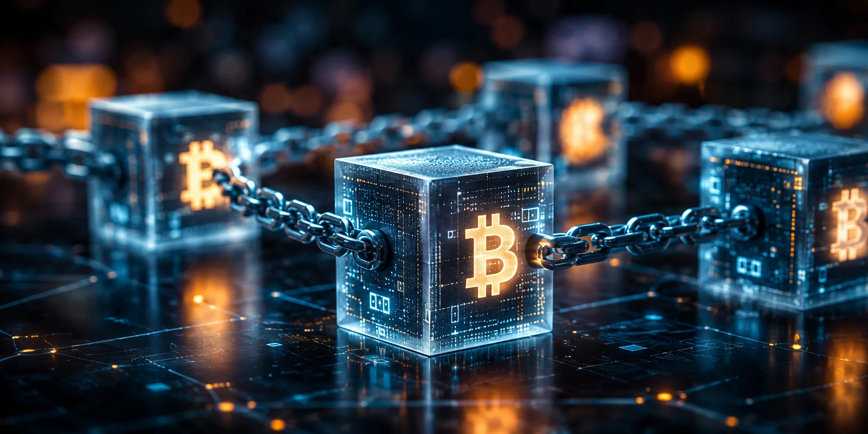 „Blockchain einfach erklärt: Verknüpfte digitale Datenblöcke mit Bitcoin-Symbolen veranschaulichen die dezentrale Technologie hinter sicheren Transaktionen und modernen Kryptowährungen.“