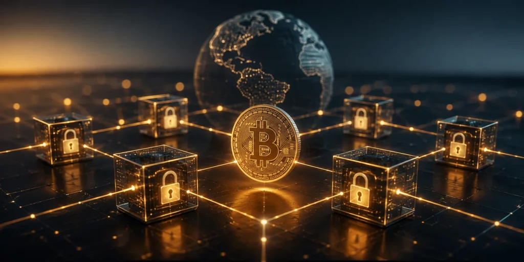 Blockchain einfach erklärt: Digitales Netzwerk mit verknüpften Datenblöcken, Sicherheitsschlössern und einer Bitcoin-Münze als Symbol für die dezentrale Technologie hinter sicheren Kryptowährungs-Transaktionen.