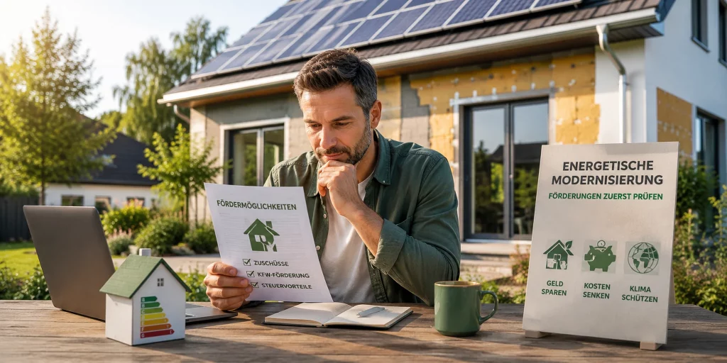 Mann prüft Fördermöglichkeiten für eine energetische Modernisierung am eigenen Haus mit Solaranlage und Unterlagen zu Zuschüssen und Finanzierung.