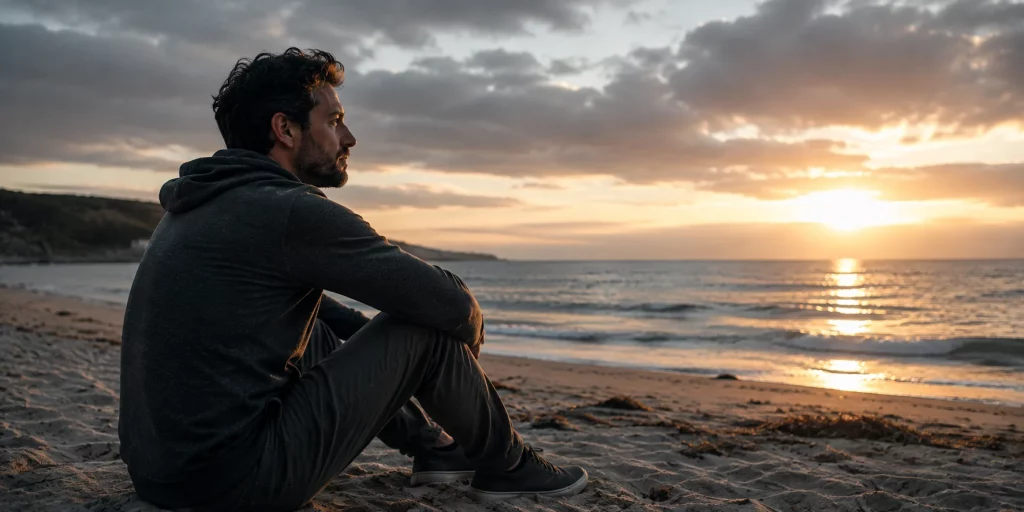 Erwartungen an eine Beziehung: Ein Mann sitzt allein am Strand und blickt bei Sonnenuntergang ruhig und nachdenklich aufs Meer.