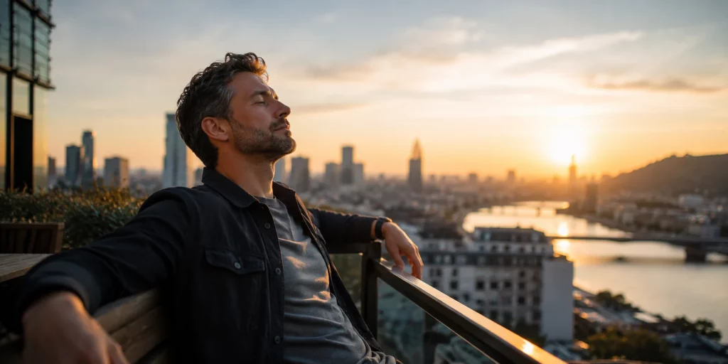 Frei sein als Mann: Ein Mann genießt auf einer Dachterrasse den weiten Blick über eine Stadt im warmen Abendlicht.