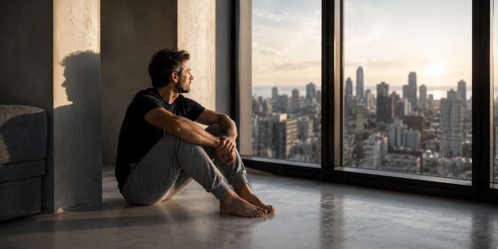 Mann sitzt nachdenklich in einer modernen Wohnung und blickt durch ein großes Fenster auf die Stadt – Symbol für gemeinsame Zukunft und Erwartungen an eine Beziehung.