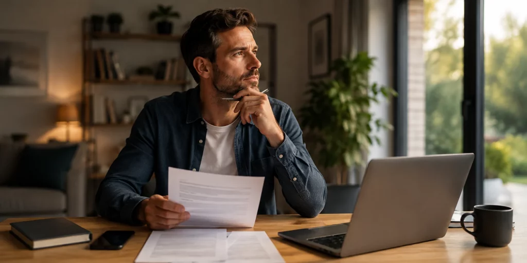 Mann prüft zu Hause Unterlagen und einen Laptop bei der Finanzplanung – symbolisch für einen Kredit nach Jobwechsel und die Voraussetzungen einer Finanzierung.