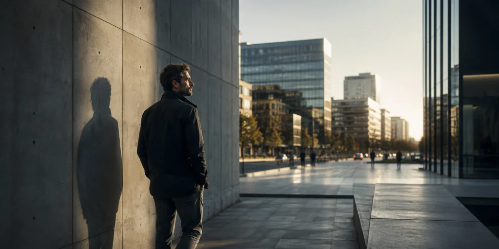Ein Mann steht nachdenklich an einer Betonwand in einer modernen Stadt und hinterfragt gesellschaftliche Erwartungen, die seine persönliche Freiheit begrenzen.