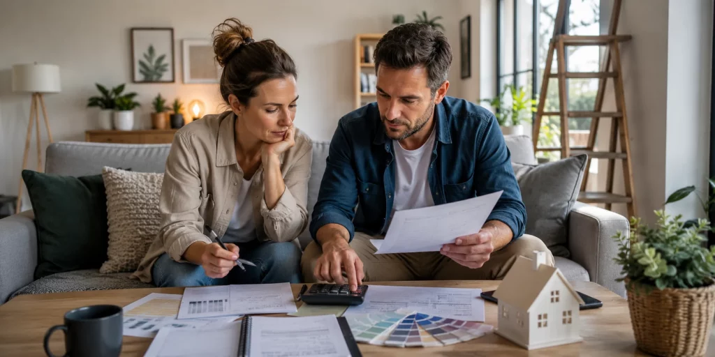 Paar bespricht die Finanzierung einer Immobilienmodernisierung mit Bauplänen, Unterlagen und Taschenrechner am Wohnzimmertisch.