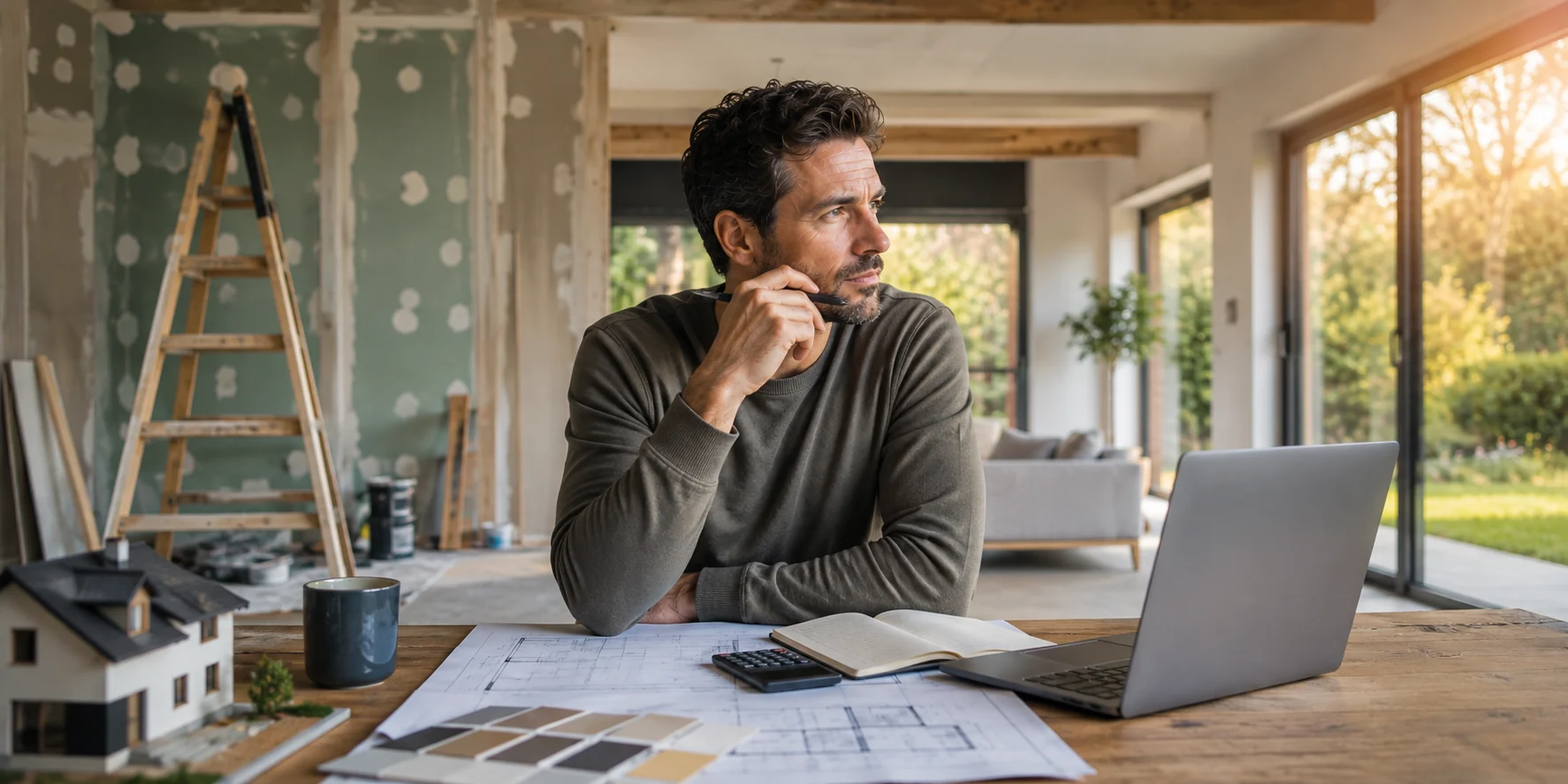 Modernisierungskredit für die Immobilie: Mann plant eine Renovierung am Tisch mit Bauplänen, Laptop und Hausmodell in einem teilweise modernisierten Wohnraum.