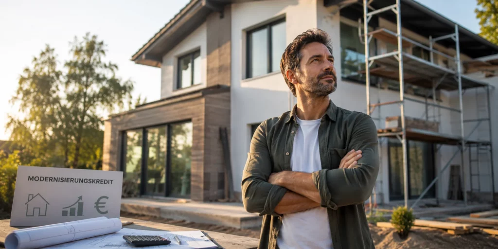 Mann vor einem modernisierten Haus mit Gerüst und Bauplänen – Modernisierungskredit zur Finanzierung der Immobilienmodernisierung.