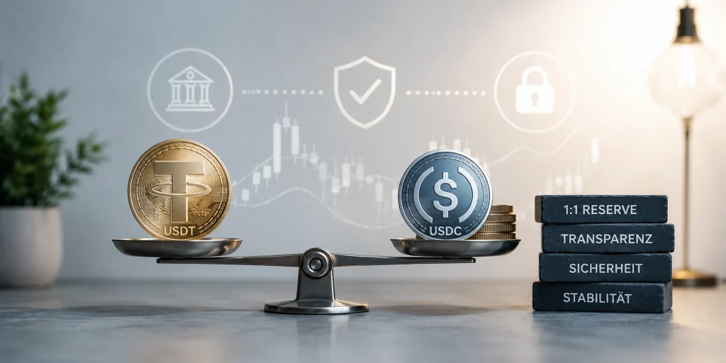 Stablecoins einfach erklärt: USDT und USDC stehen auf einer Waage und symbolisieren Wertstabilität, Reserven, Transparenz und Sicherheit digitaler Währungen.