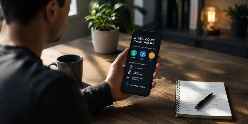 Stablecoins einfach erklärt: Mann informiert sich am Smartphone über USDT, USDC und DAI sowie Reserven, Kryptobesicherung und Mechanismen zur Wertstabilität.